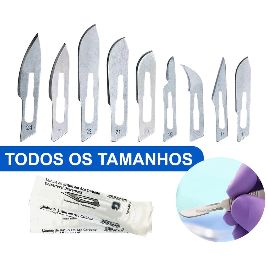Lamina de bisturi kit 10 unidades Avulsa nº 10, 11, 12, 15, 15c, 20, 21, 22, 23, 24 aço carbono