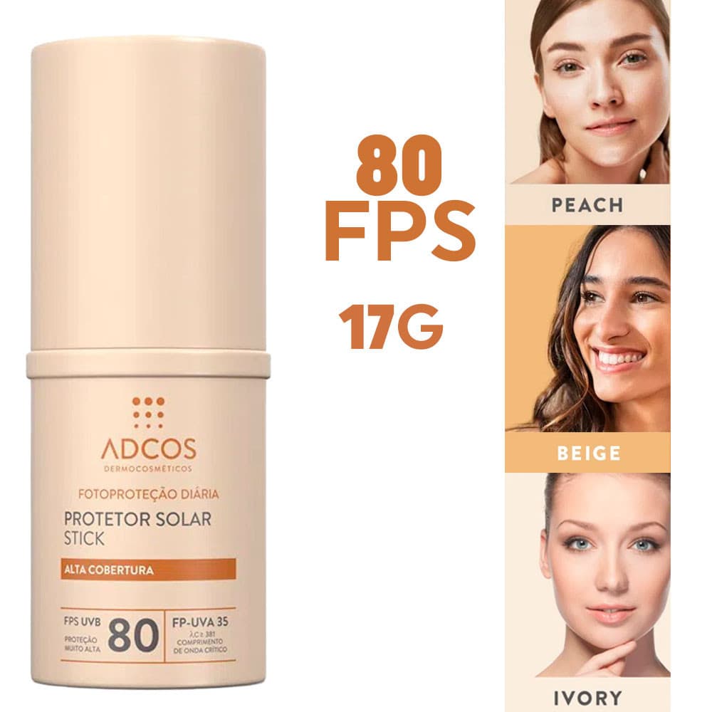 Protetor Solar Adcos Tonalizante Base Stick Efeito Mate Oil-Free Antioxidante Hidratante Proteção FPS80 17g Cores
