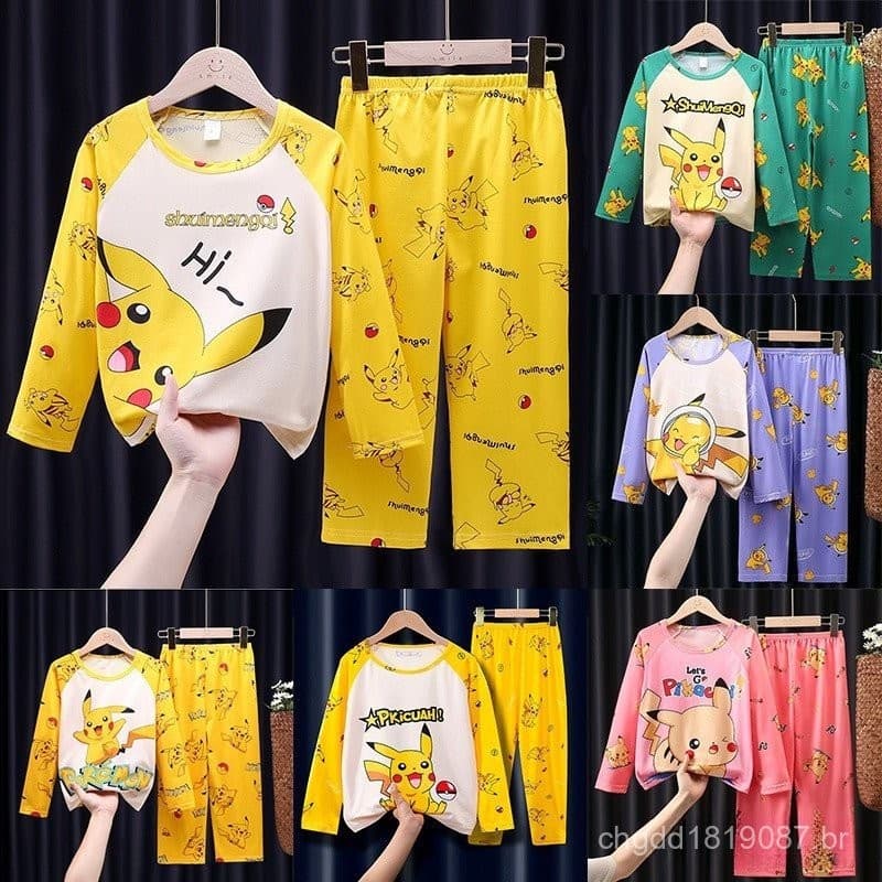 Kit Pijama Pikachu Pokemon Infantil Menino Menina Animado Fino Anime Conjunto De Roupas Confortáveis O Lar