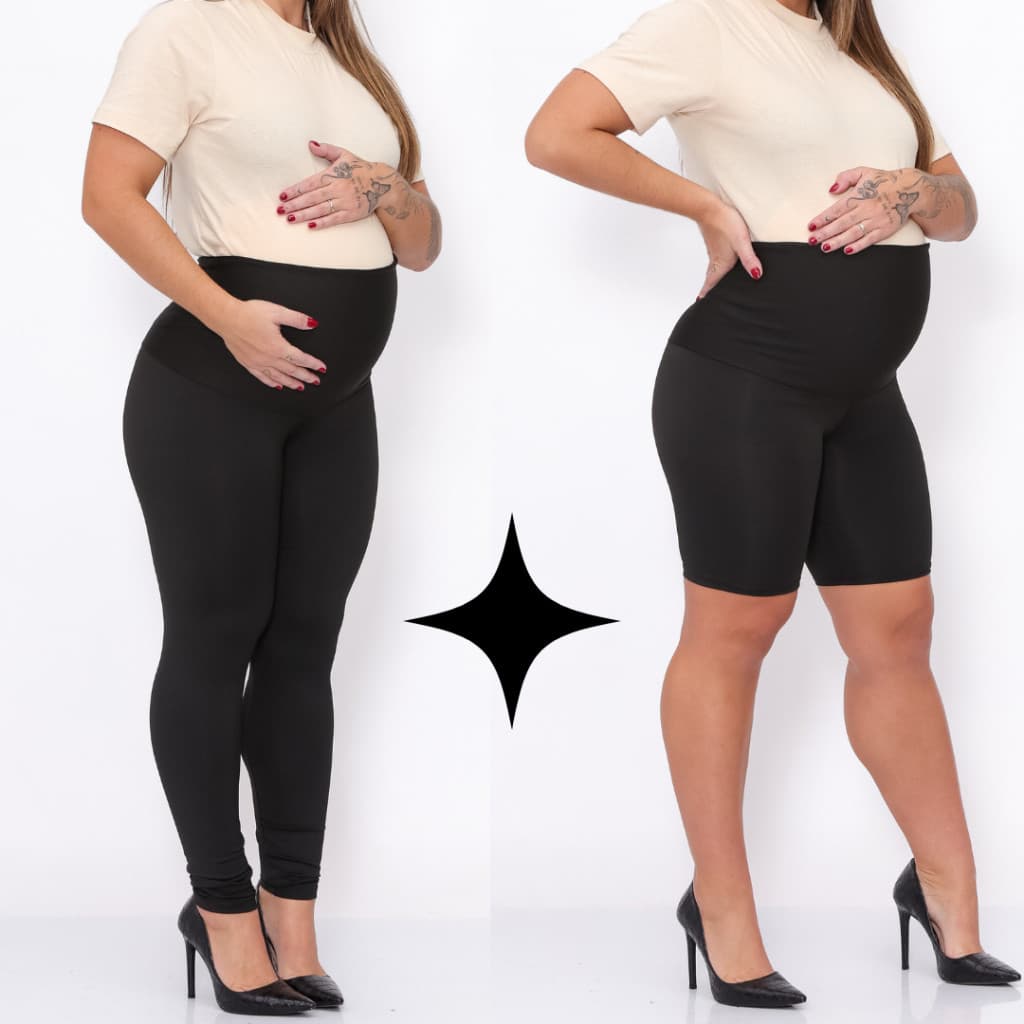 KIT 2 Peças Calça Legging Gestante + Bermuda Short Maternidade Pretas Super Zero Transparencia