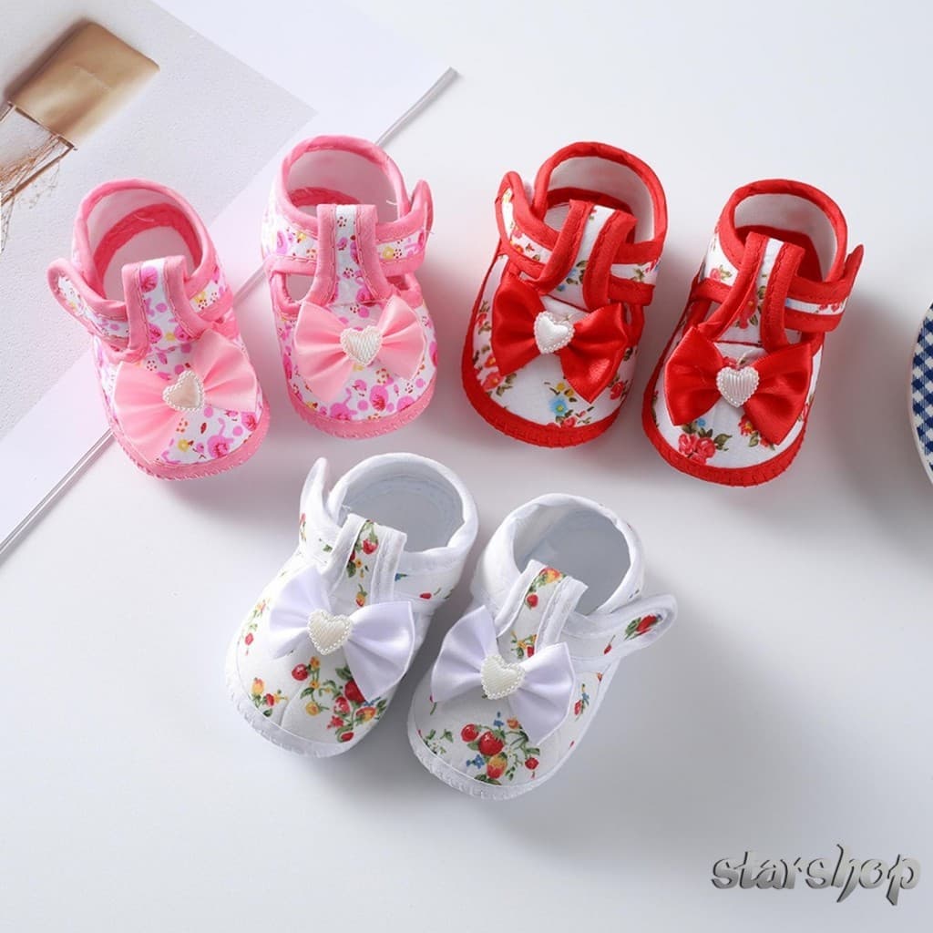 Starshop-Baby Girls Flat Shoes Soft Sole Bowknot Flower Impressão Sem Escorregamento Sapatos Para Crianças De Colo