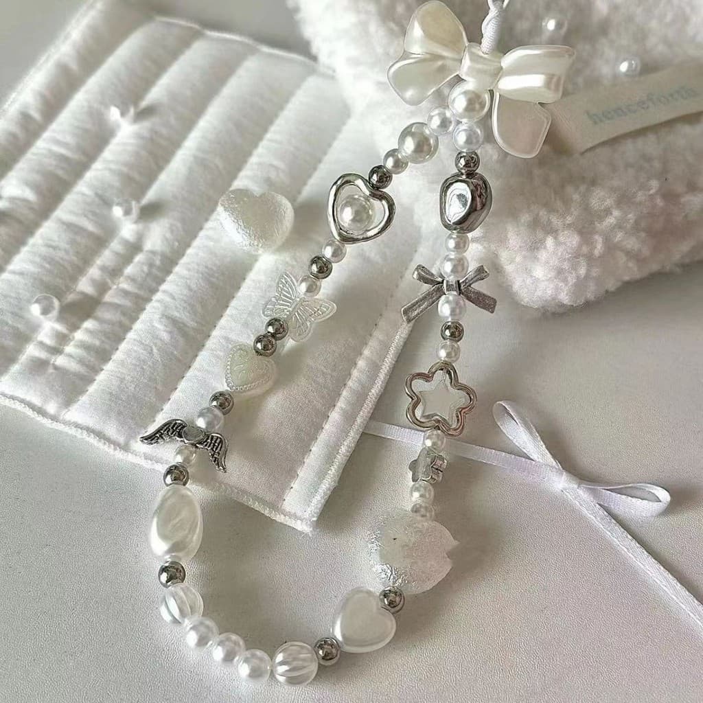 INS Coreano Bonito Arco Branco Coração Pérola Contas Frisado Corrente De Telefone Para Câmera Do iPhone Pendurado Corda 