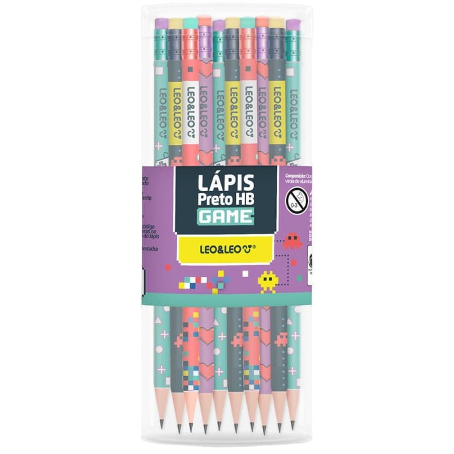 Kit 12 Lápis de Escrever HB Game com Borracha  Escolar  Leo&Leo