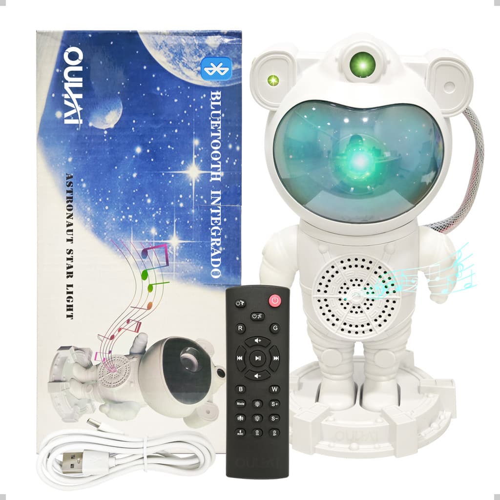 Luminária Astronauta Com Caixa De Som Bluetooth Projetor De Luz Galáxia Estrelas Cor Branco Bivolt