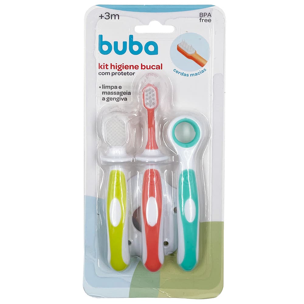 Kit Higiene Bucal Escova De Dente Com Massageador Gengiva Com Cerdas Macias Infantil Bebe Buba