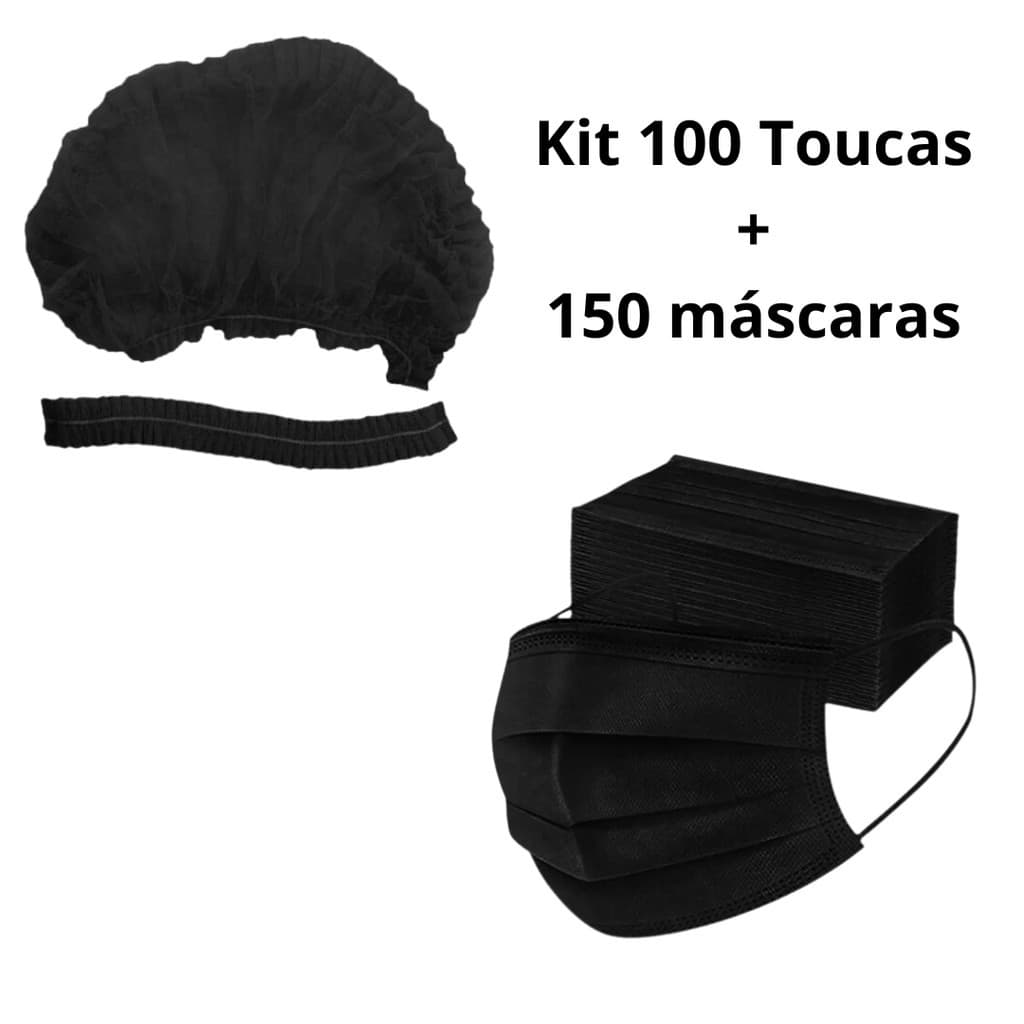 Kit 100 Toucas PRETA + 150 Máscaras PRETA Descartável Proteção Envio Imediato Promoção