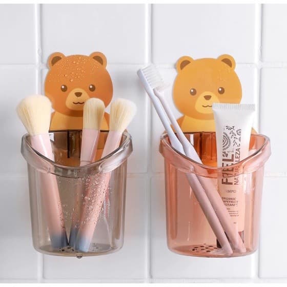 Suporte para Escova e Pasta de dente De Acrilico Banheiro Desenho Urso Com Adesivo Cores Aleatórias