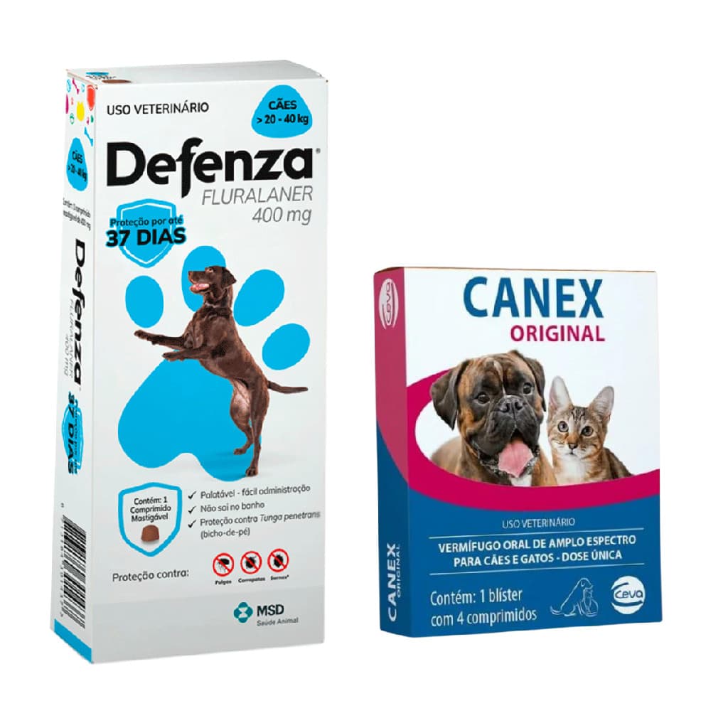 Antipugas Carrapatos Defenza 20 a 40Kg + Vermifugo Canex