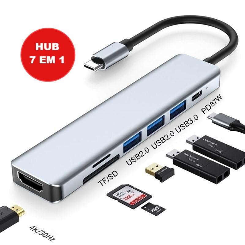 HUB 7 em 1 Tipo C USB HDTV 4K 30Hz Vídeo USB 3.0 USB 2.0 SD TF Cartão Slot Leitor de Dados USB-C