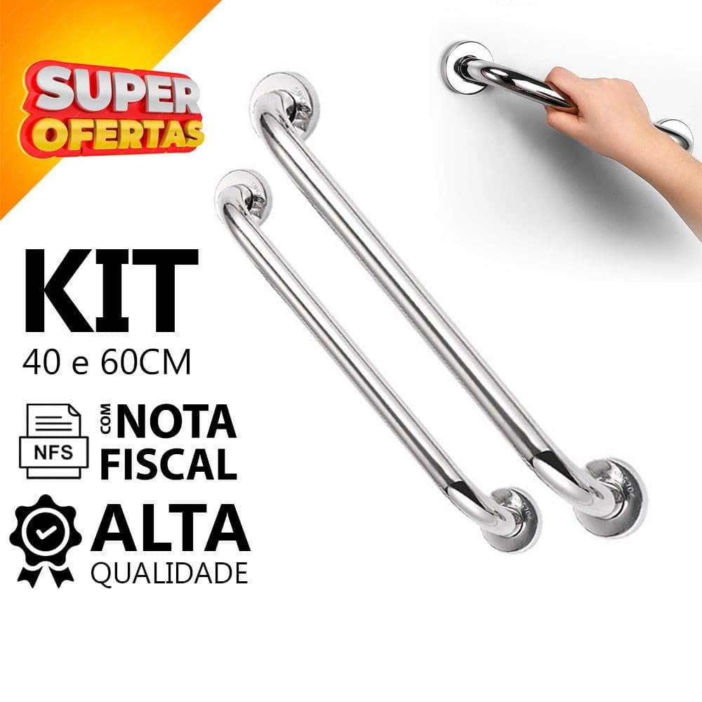 Kit 2 Barra de Apoio Alça Corrimão Aço Inox Alta Qualidade Idoso 40 e 60CM Acessibilidade Idoso