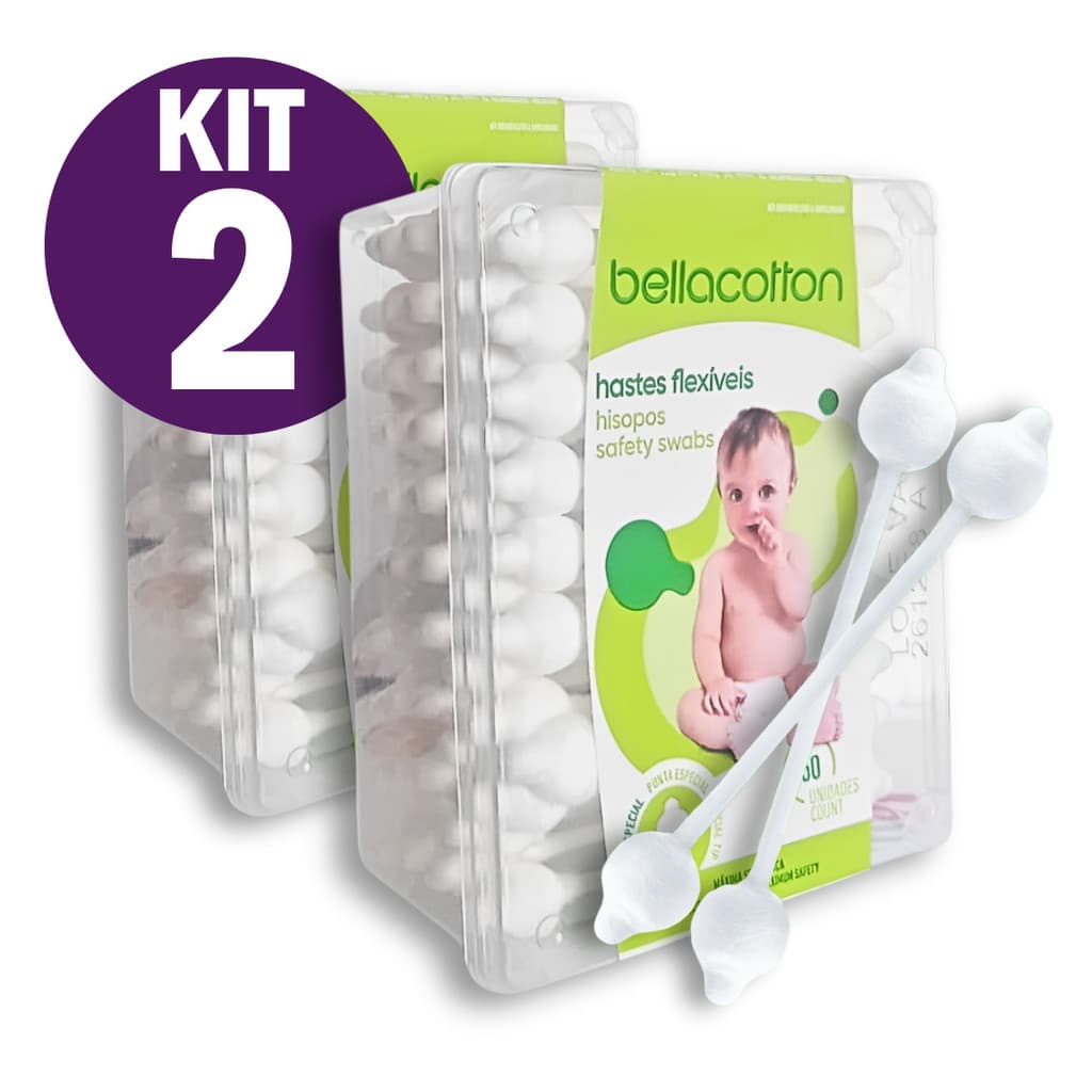 Haste Flexível Cotonete Bebe Bastonetes Bellacotton 2 Caixa Total 100 unidades
