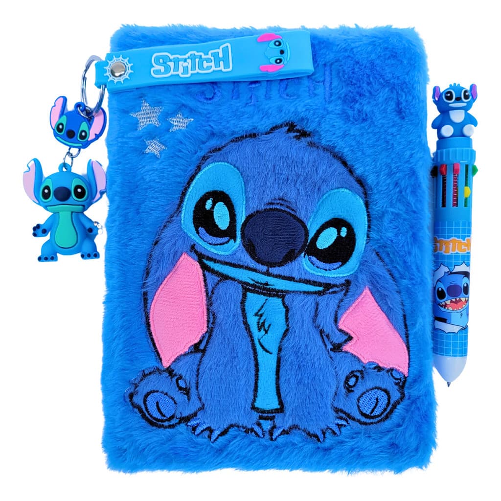 Kit Caderno Pelúcia Stitch Caneta 10 Cores E Chaveiro Promo