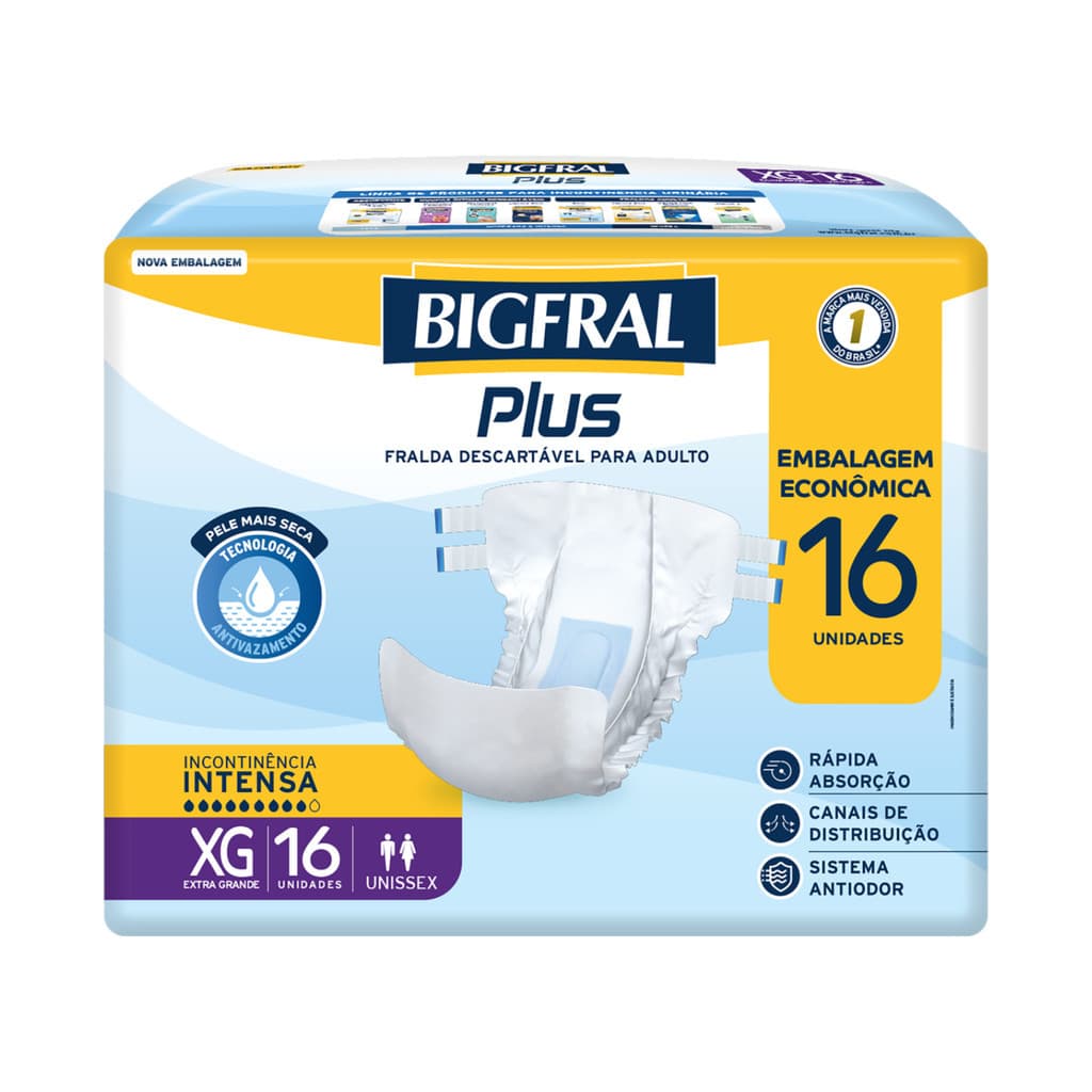 Bigfral Plus Econômica - Tamanho XG – Pacote c/16un - Fralda Adulto / Geriátrica
