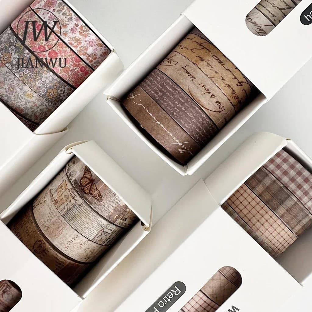 JIANWU 8 Rolos/Conjunto Vintage Inglês Texto Flor Cinta Viagem Paisagem Material Colagem Washi Fita Criativa DIY Diário 