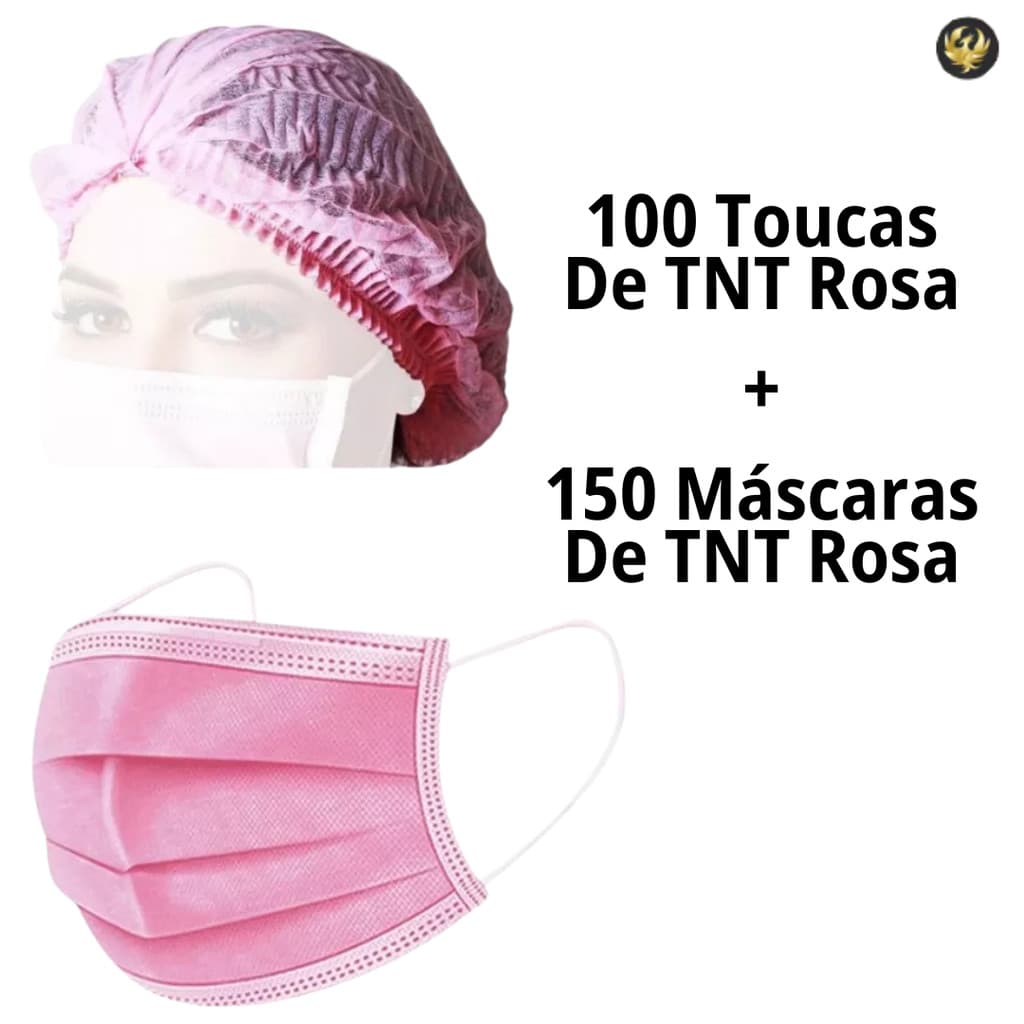 Kit 100 Toucas ROSA Descartável + 150 Máscara Descartável ROSA Tripla Camada