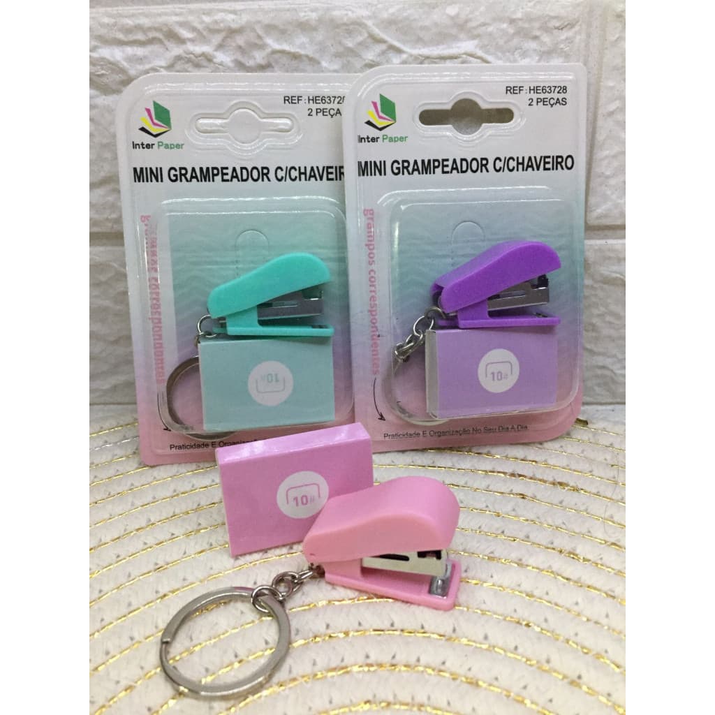 Grampeador com Chaveiro Mini e Caixa de grampos para Papelaria