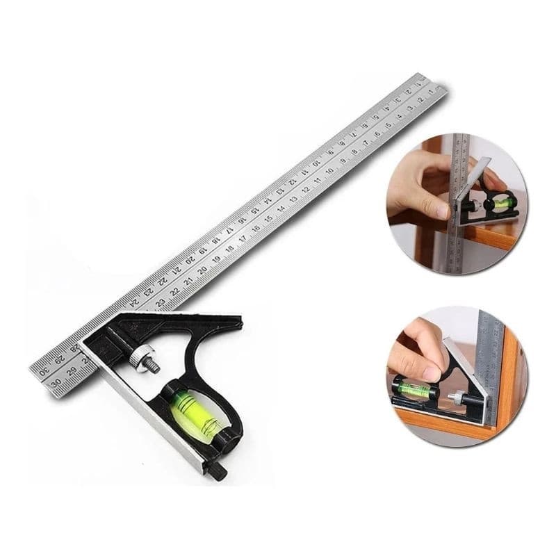 Régua De Cotovelo Esquadro Combinado Inox Com Nível Régua 30cm De 12 Polegadas Ferramenta Multifuncional