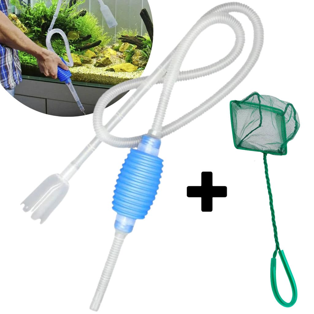 Kit Sifão Aspirador Aquatank Sifonador com Bomba de Sucção + Rede Para Manutenção e Limpeza Aquário