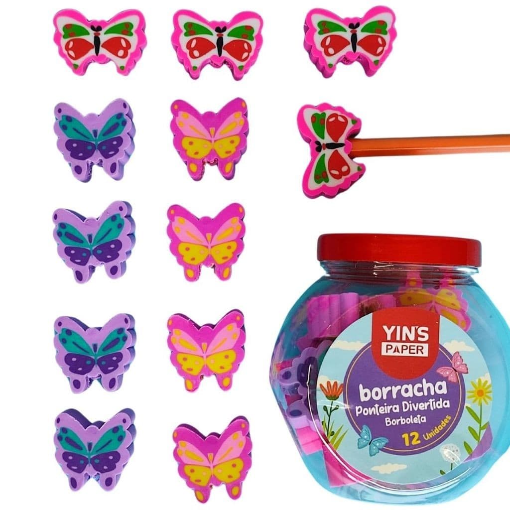 Pote com 12 Borracha Ponteira Ponta de Lapis Borboletas Doces Flores Fofas Meninas Rosa