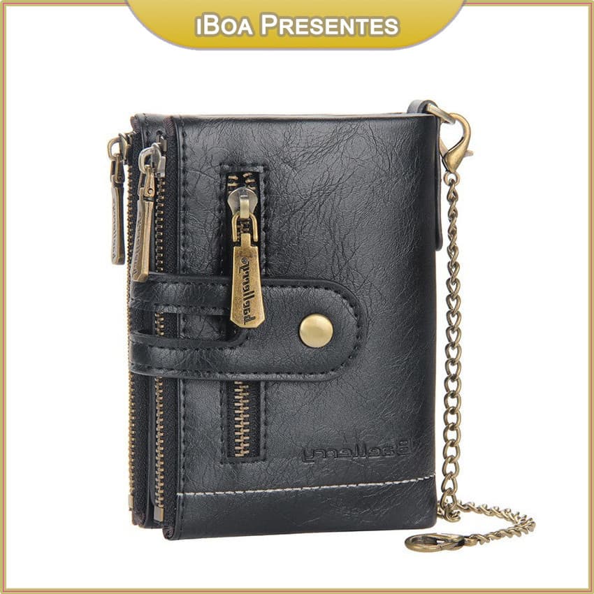 Carteira Couro Com Corrente Masculina Feminina Anti-roubo