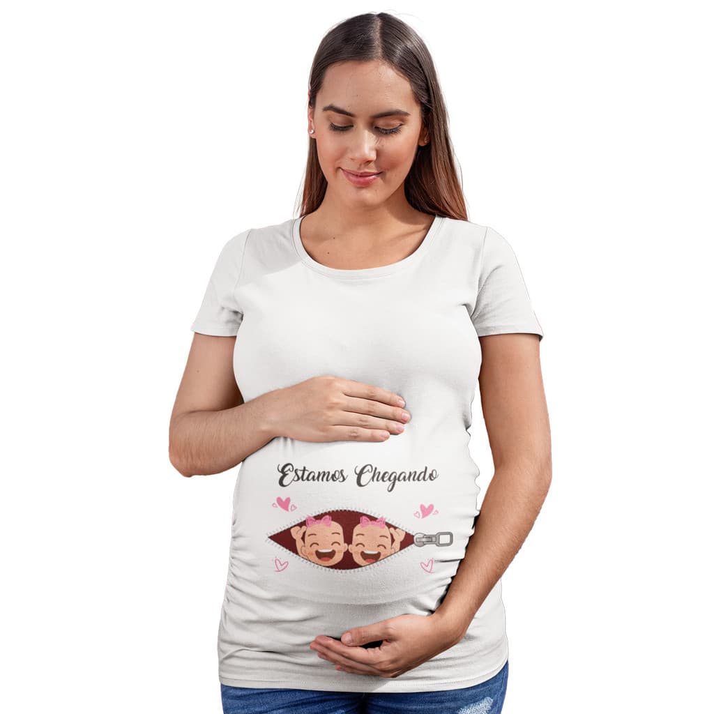 Camiseta Bata Gestante Gemêas Estamos Chegando - A Dupla de Fofura