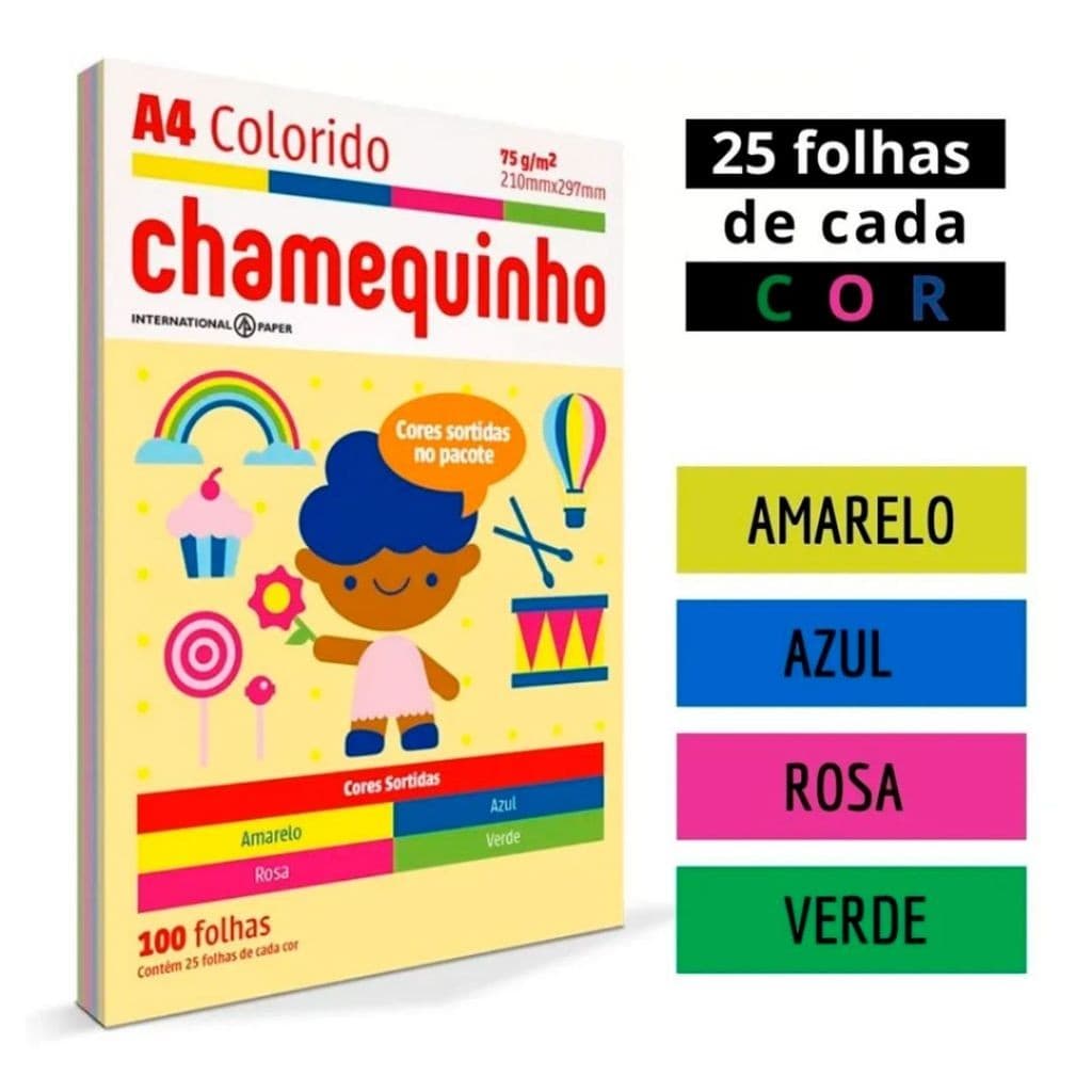 Papel Chamequinho Colorido com 4 Cores A4 75g  Pacote C/100 Folhas Chamex