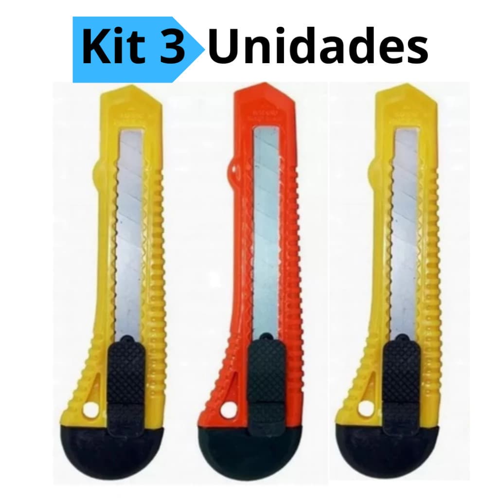 Kit 3 Estilete Grande Plástico Largo Lâmina 18MM Escolar Escritório Masterprint