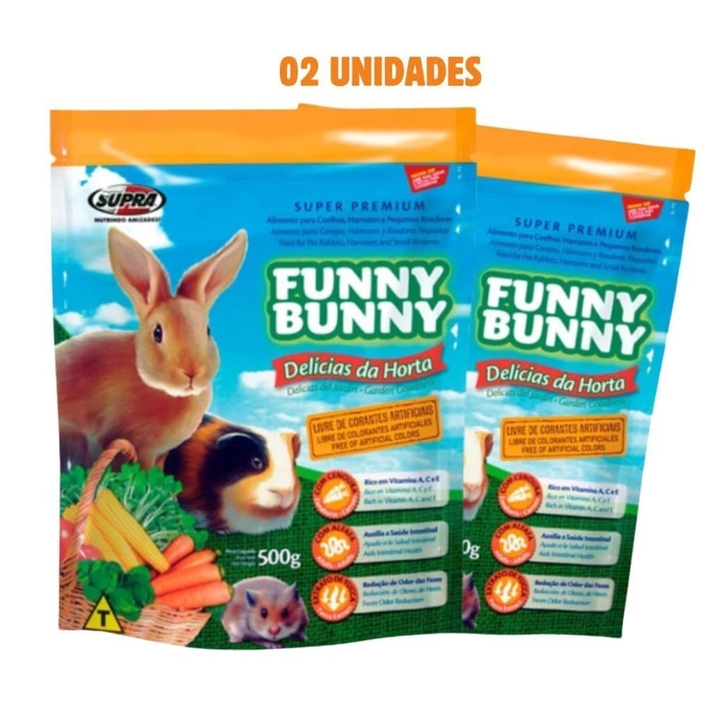 Ração Roedores Funny Bunny 02 UNIDADES Delícias da Horta Supra 500g Hamster, Coelho