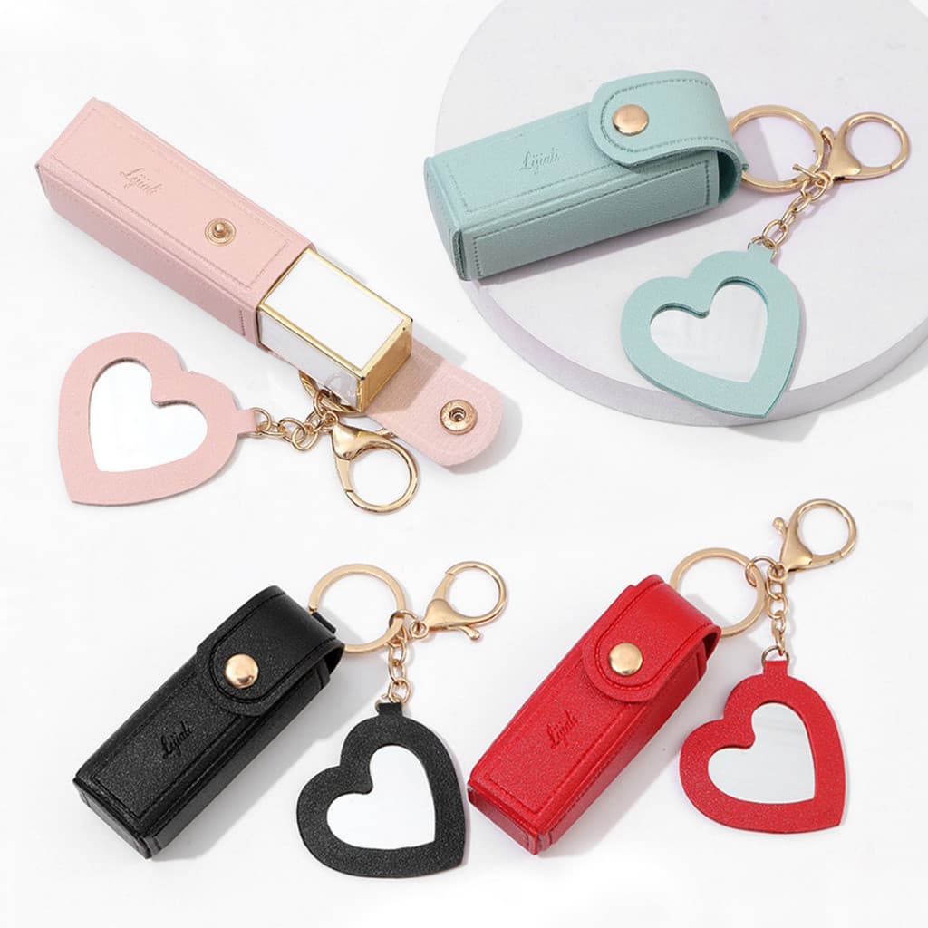 Criativo Couro Do Plutônio Batom Saco Chaveiro Em Forma De Coração Espelho Pingente Feminino Bolsa Ornamento