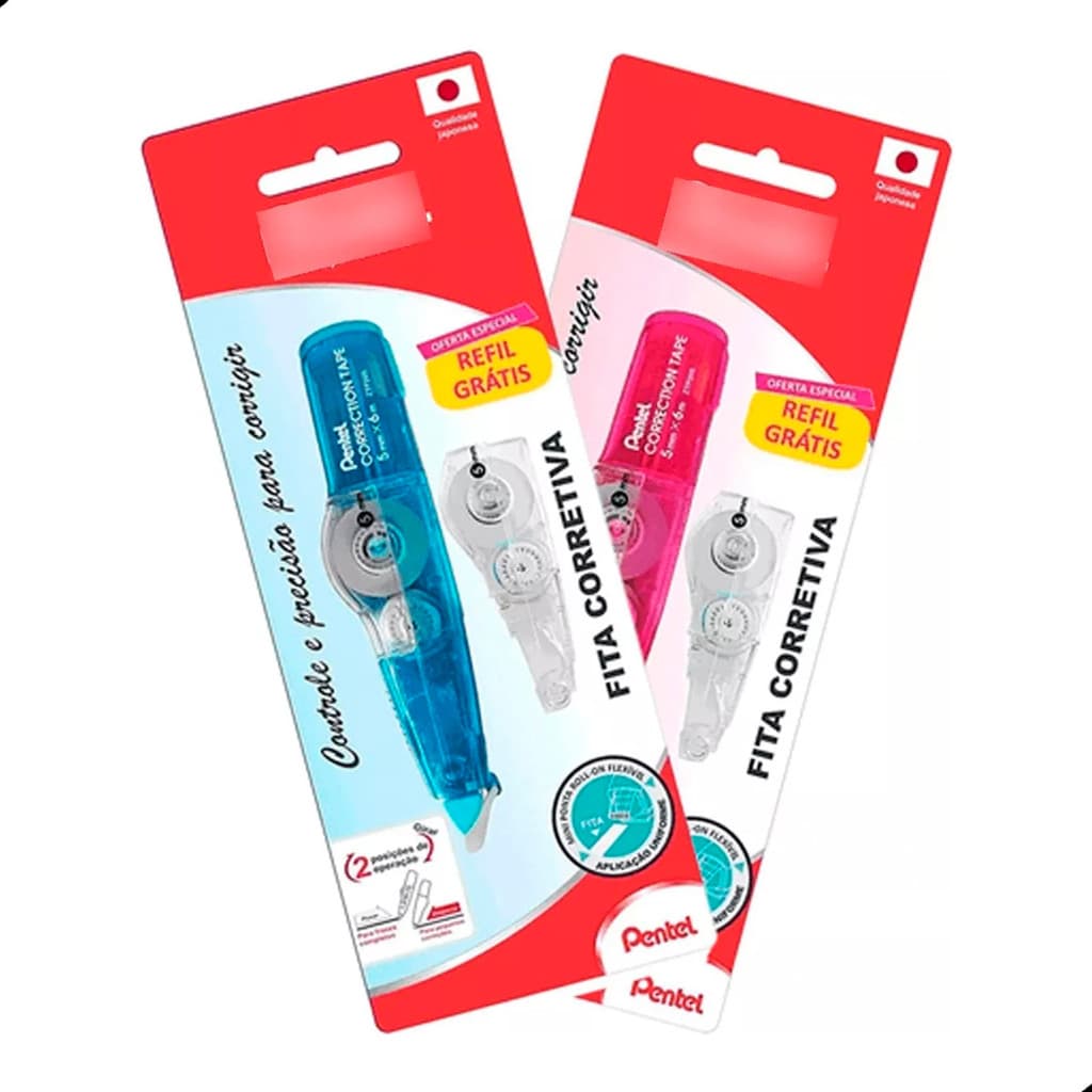 Kit 2 Fitas Corretivas Pentel Rosa Azul 6 metros C/ Refil Gratis