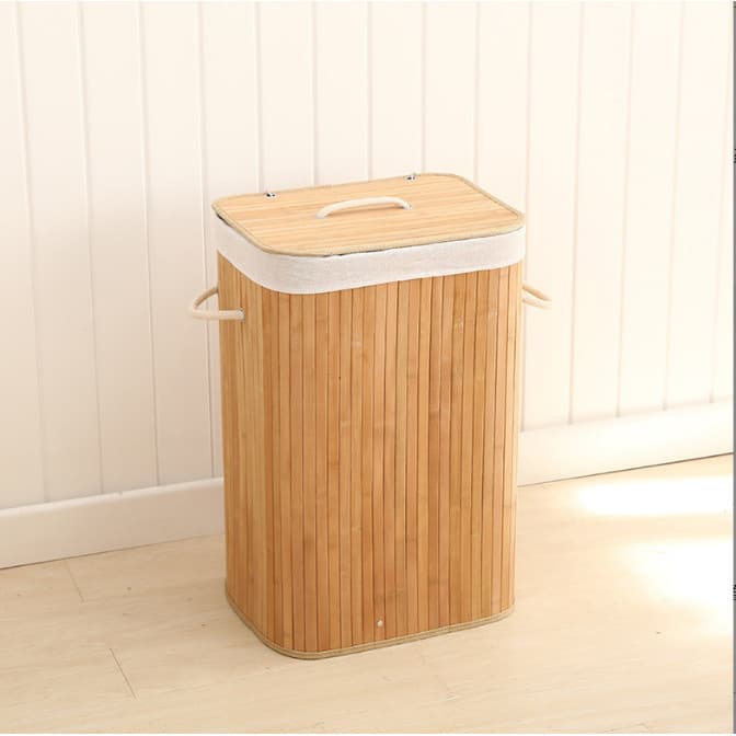 Cesto de Roupa Suja 72 LITROS Lavanderia Bambu c/ Tampa Retangular Forrado Quarto Banheiro Dobrável