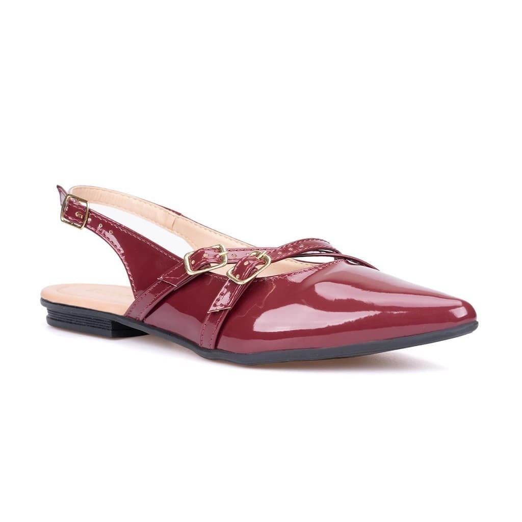 Sapatilha Feminina Slingback Domidona Em Verniz Bico Fino Com Fivelas