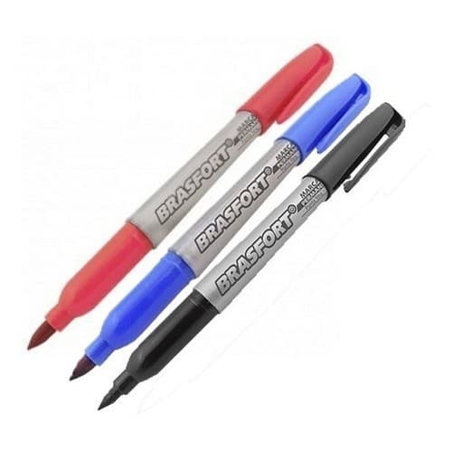 Kit com 3 Canetas Permanente Vermelha / Azul / Preta Ponta Fina 2mm. Brasfort