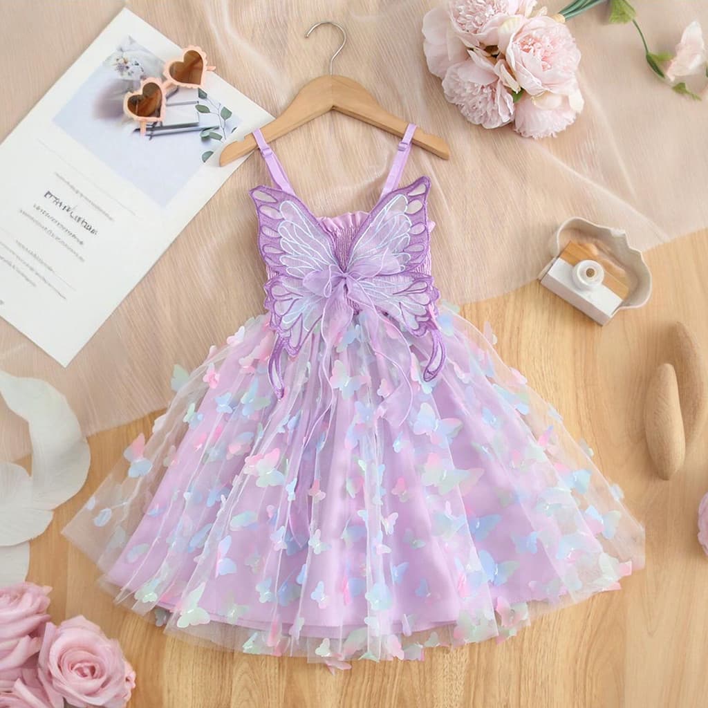 Vestidos Infantis Para Meninas De 2 A 6 Anos , Vestido Com Suspensórios De Verão , Sete Cores , Borboleta , Tule De Prin