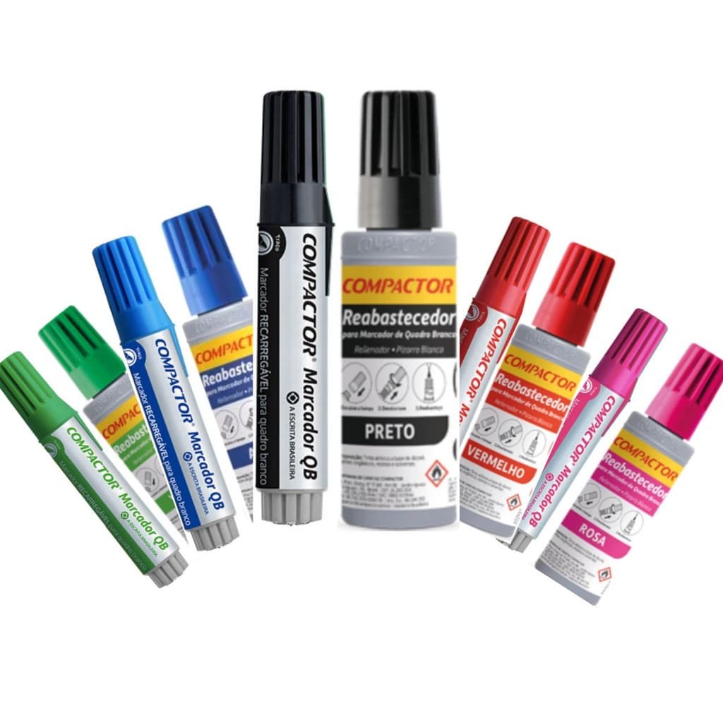 KIT MARCADOR DE QUADRO BRANCO + REFIL REABASTECEDOR COMPACTOR