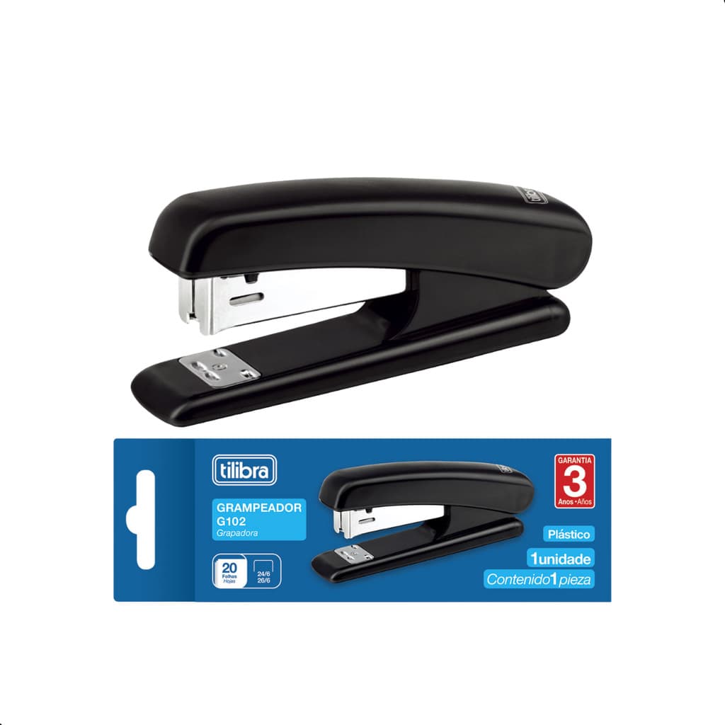 Grampeador De Mesa G102 Preto 20 Folhas 24/6 E 26/6 Tilibra Escritório Escolar Resistente Compacto Alta Durabilidade