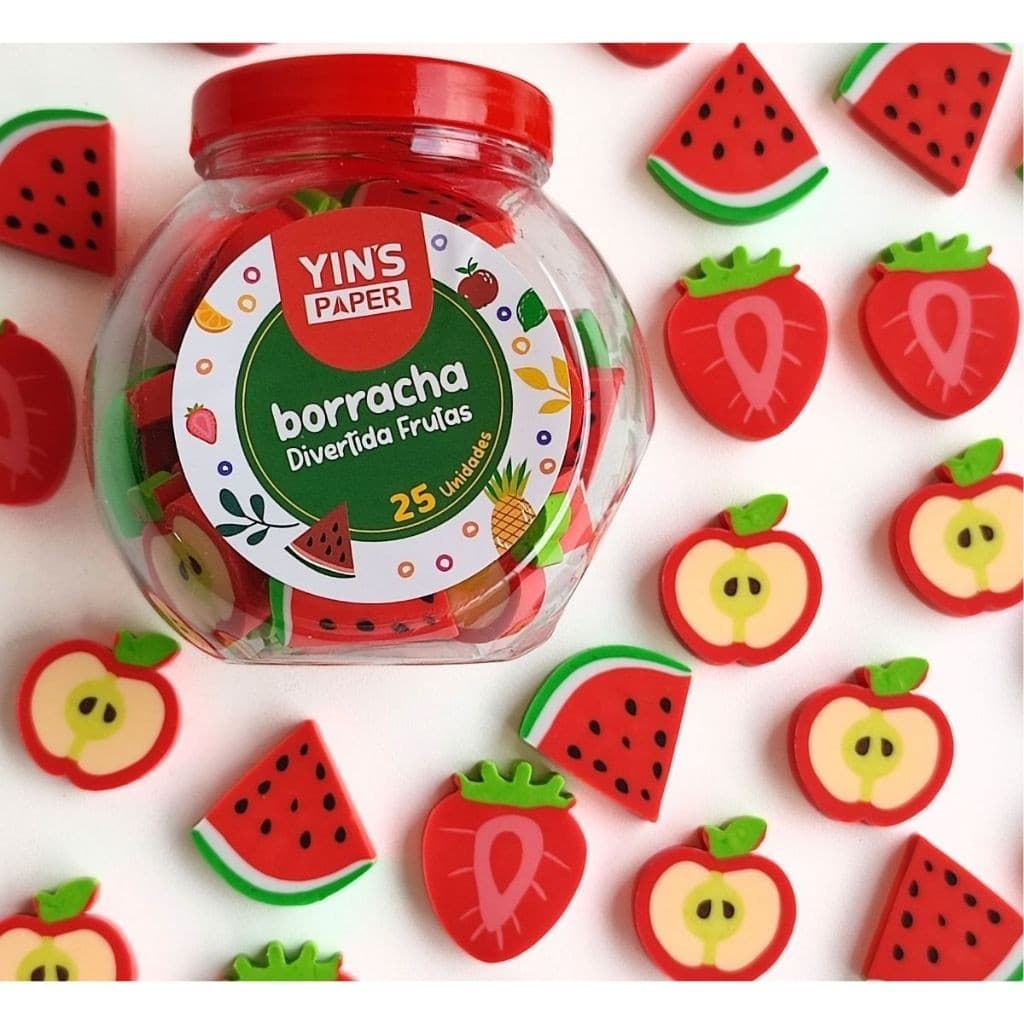 Kit 25 Borrachas Frutas Fofas Melancia Maçã e Morango