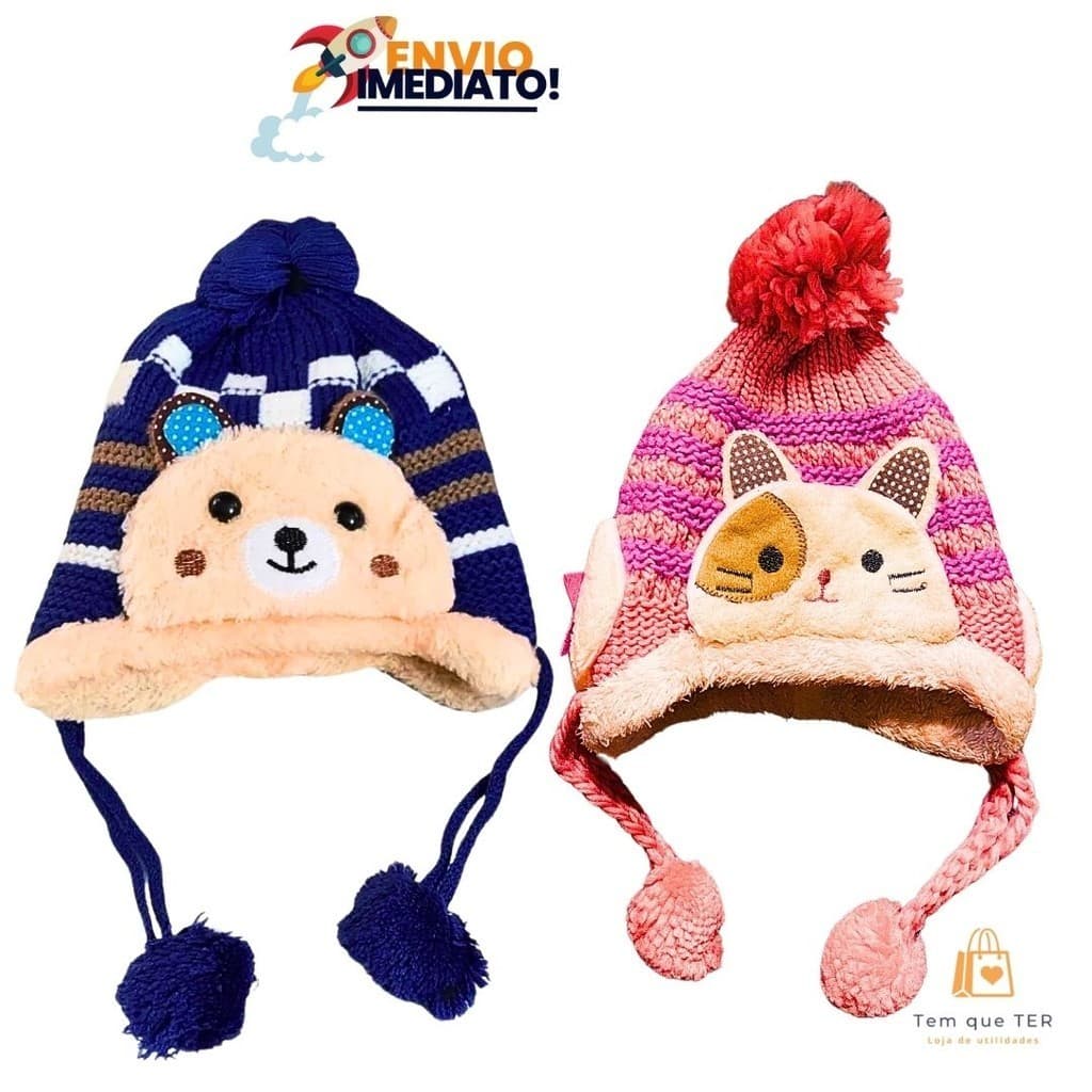 Touca Gorro Lã Inverno Forrada Com Pompom Infantil Azul Rosa Bege Menino Menina Oferta
