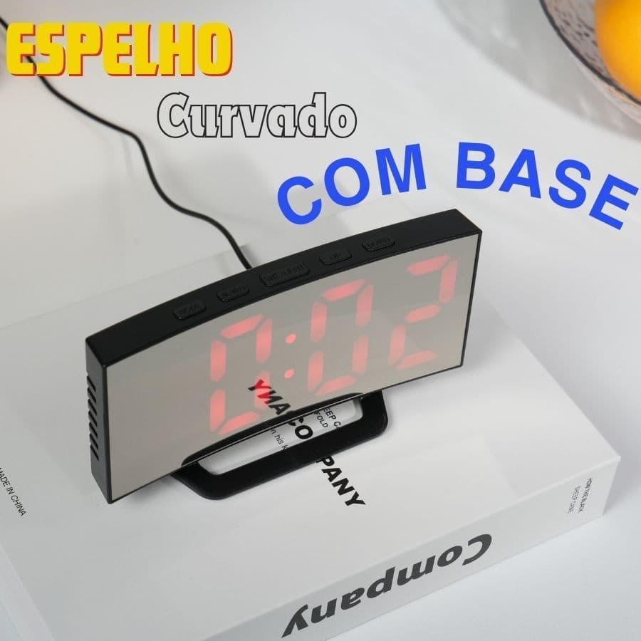 Relógio Digital LED Fonte Vermelho Curvado Espelhado De Mesa Com Temperatura E USB 15.5x4.5x8.5