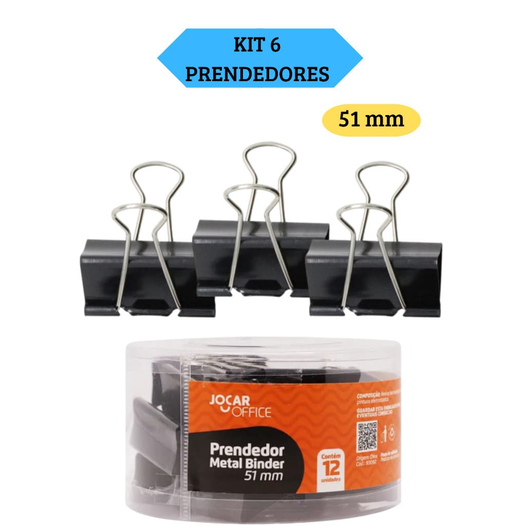 Kit 6 Prendedores Metal Binder Preto 51Mm Jocar Office