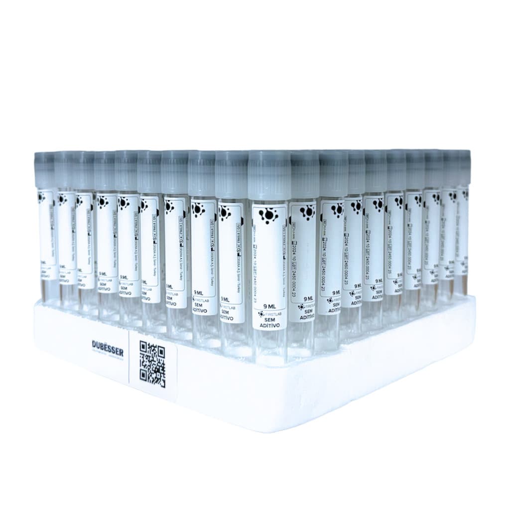 Tubo Coleta Sangue 9mL Sem Aditivo Tampa Branca Vacutainer Laboratório Diagnóstico Clínico Firstlab