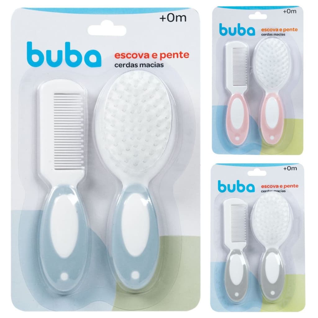 Escova E Pente Cerdas Macias Pontas Arredondadas Para Cabelo Bebe Infantil Azul Rosa Cinza Buba