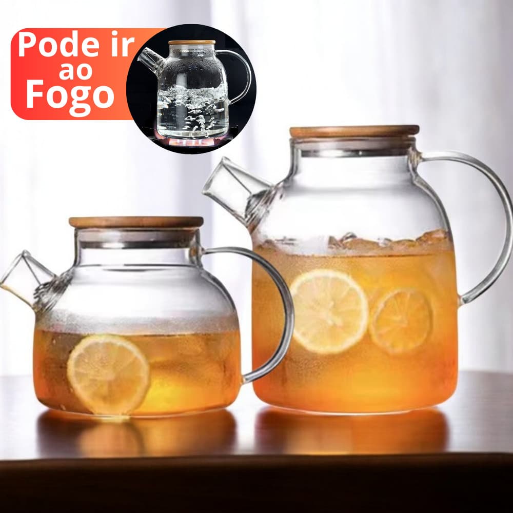 Kit 1 ou 2 Jarras de Vidro Tampa Bambu Vai ao Fogo Geladeira Chaleira Jarro Bule Café Chá Suco Agua