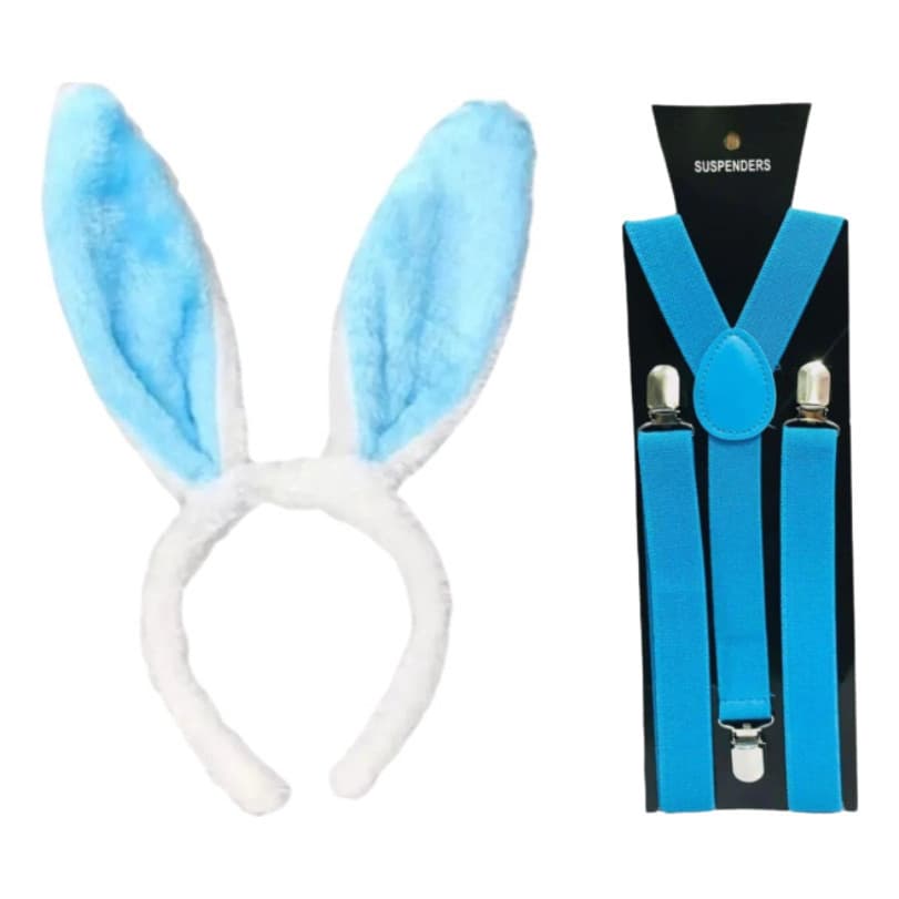 Kit: Tiara De Coelho Azul E Suspensório Azul Para Meninos