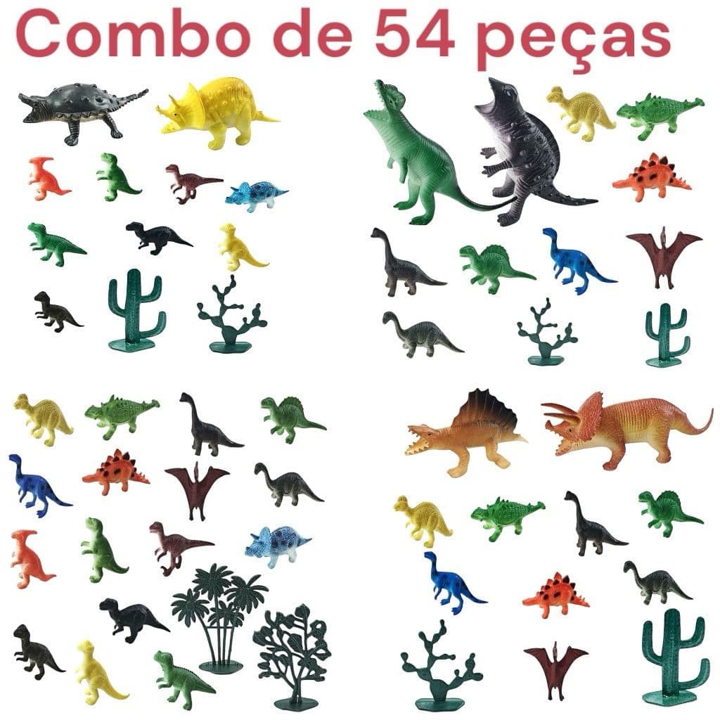 Brinquedo Infantil Combo Com 4 Sacolas Com 54 Peças De Animais De Dinossauros Borrachas --Com Planta