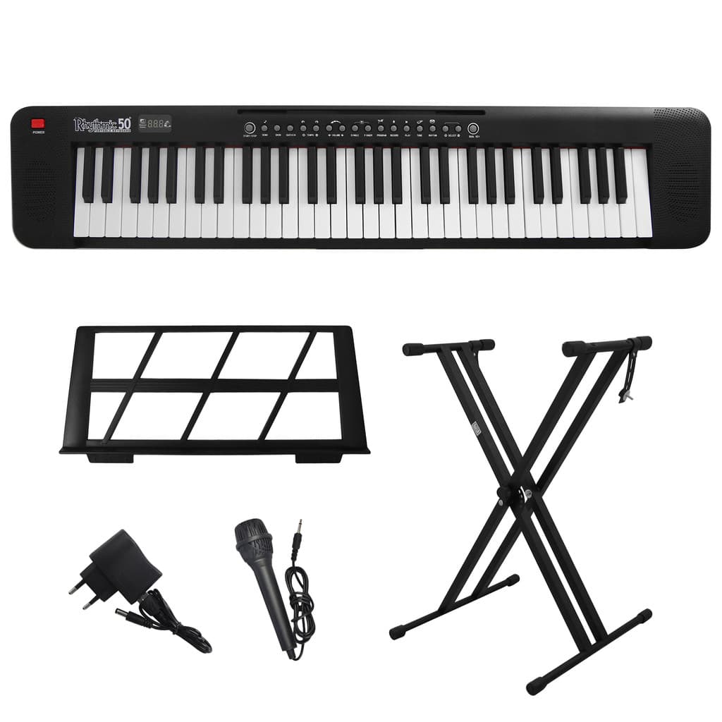 Kit Teclado Musical Portátil 61 Teclas Rhythmic 50 Preto com Suporte em X