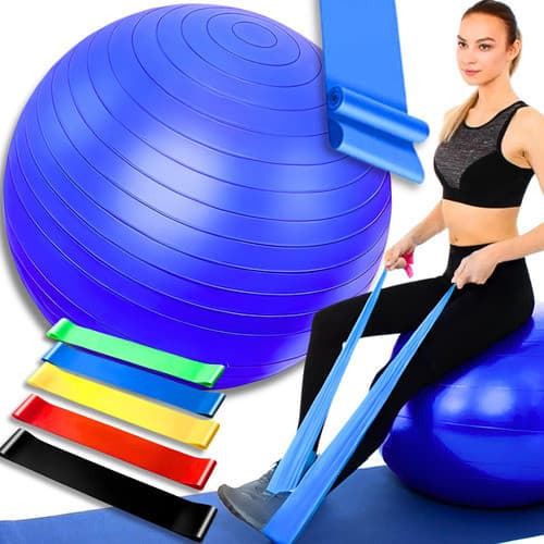 Kit Bola de Pilates 65cm Fisioterapia + 5 Elástico para Exercícios Mini Band + Faixa Elástica Treino