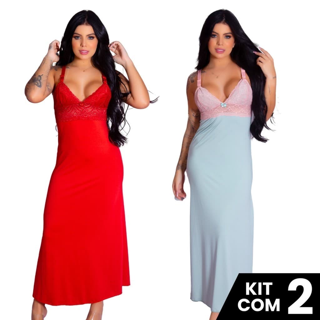 Kit 2 Camisolas Longas Amamentação Elegante Confortável Vestido de Dormir Prático