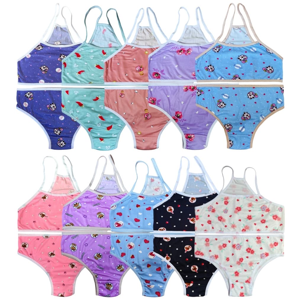 Kit 5 Conjuntos Juvenil para Pré Adolescente Estampado Calcinha e Sutiã Suede Forrado