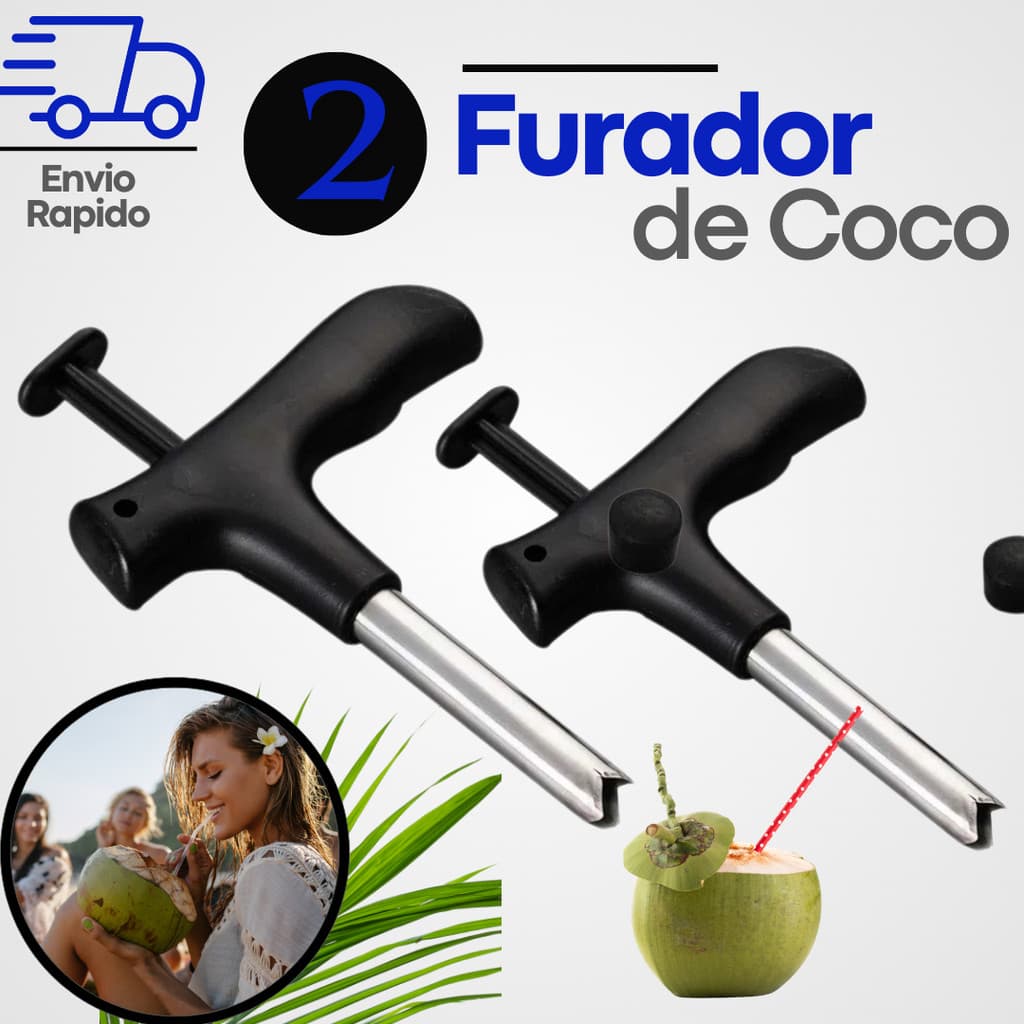 KIT 2 Abridor de Coco Furador de Coco 12cm Inox Original Prático Manual Haste Removível